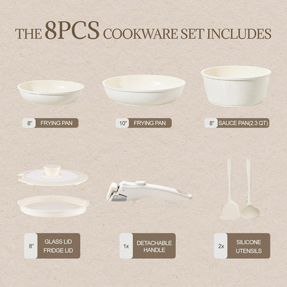 Ceramic Cookware Set Non Stick 8Pcs Pots and Pans Set Detachable Handle Induction Kitchen Cooking Set with Frying Pans Oven Dishwasher Safe, PFAS/PFOA Free, Cream White2