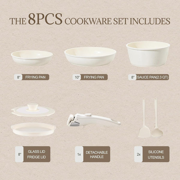 Ceramic Cookware Set Non Stick 8Pcs Pots and Pans Set Detachable Handle Induction Kitchen Cooking Set with Frying Pans Oven Dishwasher Safe, PFAS/PFOA Free, Cream White2