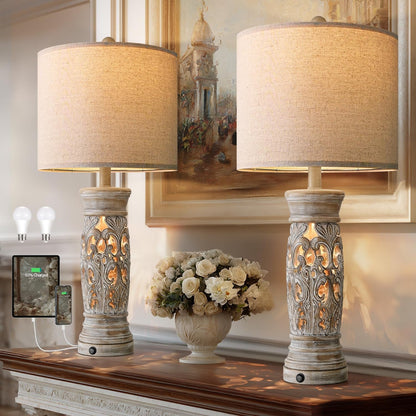 27.25”Farmhouse Table Lamps Set of 2 with Night Light, Rustic Bedside Lamp1