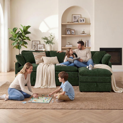 Modular Sectional Sofa with Storage Ottomans,103" L-Shaped Cloud Couch,Comfy Modern Couches with Pillows & Upholstered Deep Seat Cushion for Apartment Living Room Bedroom（Green）2