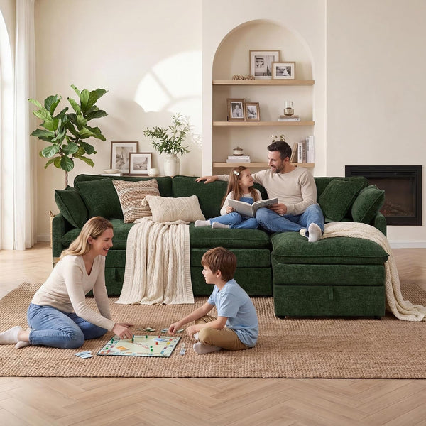 Modular Sectional Sofa with Storage Ottomans,103" L-Shaped Cloud Couch,Comfy Modern Couches with Pillows & Upholstered Deep Seat Cushion for Apartment Living Room Bedroom（Green）2