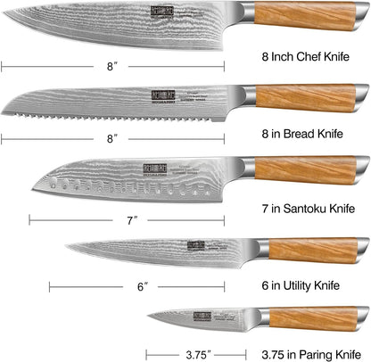 Damascus Kitchen Knife Set 5PCS, Sharp Chef Knives Ergonomic Grip | Professional Cooking Knife Set | Japanese Super Steel | 15° Edge | 62 HRC | Ergonomic Olive Wood Handle | Housewarming Gift2