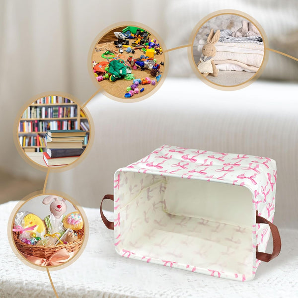 Pink Bow Storage Basket Waterproof Canvas Toy Storage Bin Coquette Room Decor Collapsible Outdoor Basket with Leather Handles Pink Bow Room Decor Blanket Baskets for Closets,Bedrooms,Gifts Baskets3