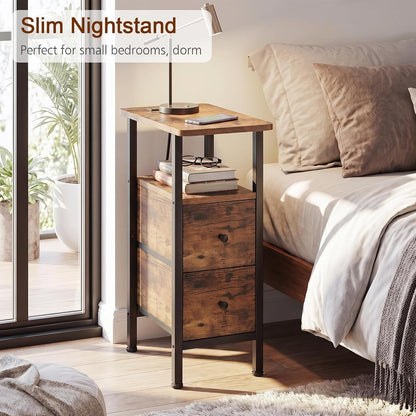 Narrow End Table with Charging Station, Side Tables Living Room | End Tables Living Room Set of 2, Skinny Nightstand with Fabric Drawers for Bedroom, Small Spaces, Rustic Brown6