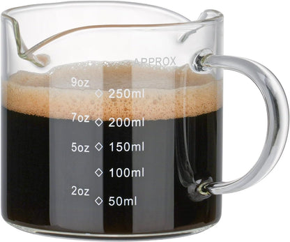 1 Pack 250ML/8.5OZ Measuring Cup Espresso Shot Glasses Double Spouts Large Coffee Cup with Handle Triple Pitcher Milk Cup Parts Clear Glass by1