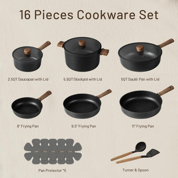 16Pcs Pots and Pans Set, Nonstick Cookware Sets | Titanium Reinforced Coating, Scratch-Resistant, Easy to Clean, Even Heating, Induction Compatible, with Frying Pans Set2
