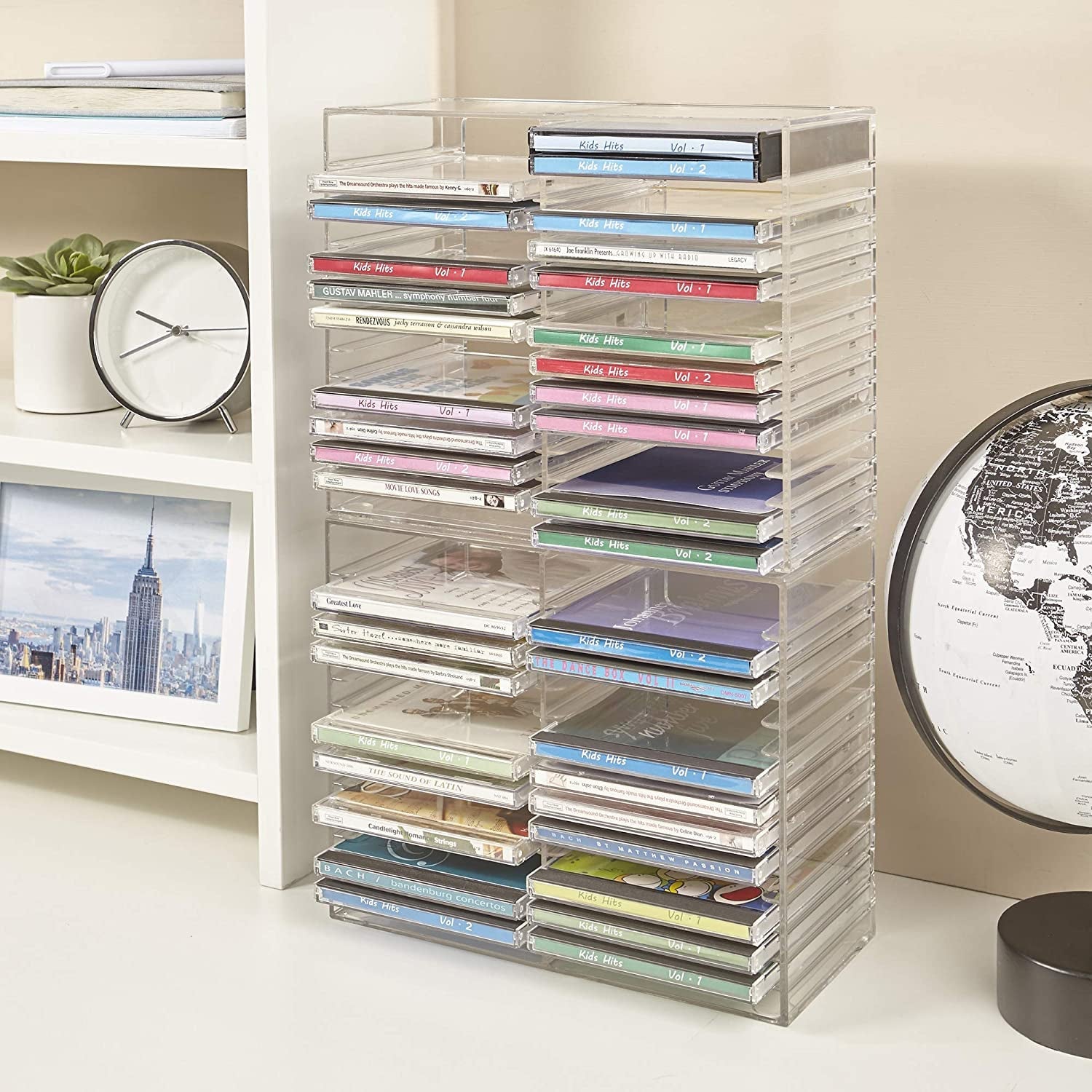 stackable-clear-plastic-cd-organizer-with-rubber-feet-rectangular-jewel-cases-holder-perfect-for-theatre-room-holds-up-to-30-cd-cases-made-in-usa