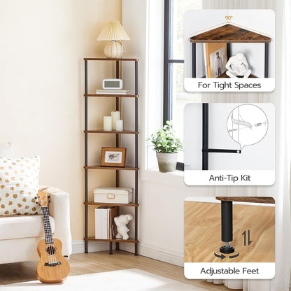 Corner Shelf Stand, Industrial 6-Tier Wall Corner Bookshelf with Metal Frame, Plant Display Shelf, Bookcase for Small Spaces, Bedroom, Living Room, Rustic Brown BF36CJ015