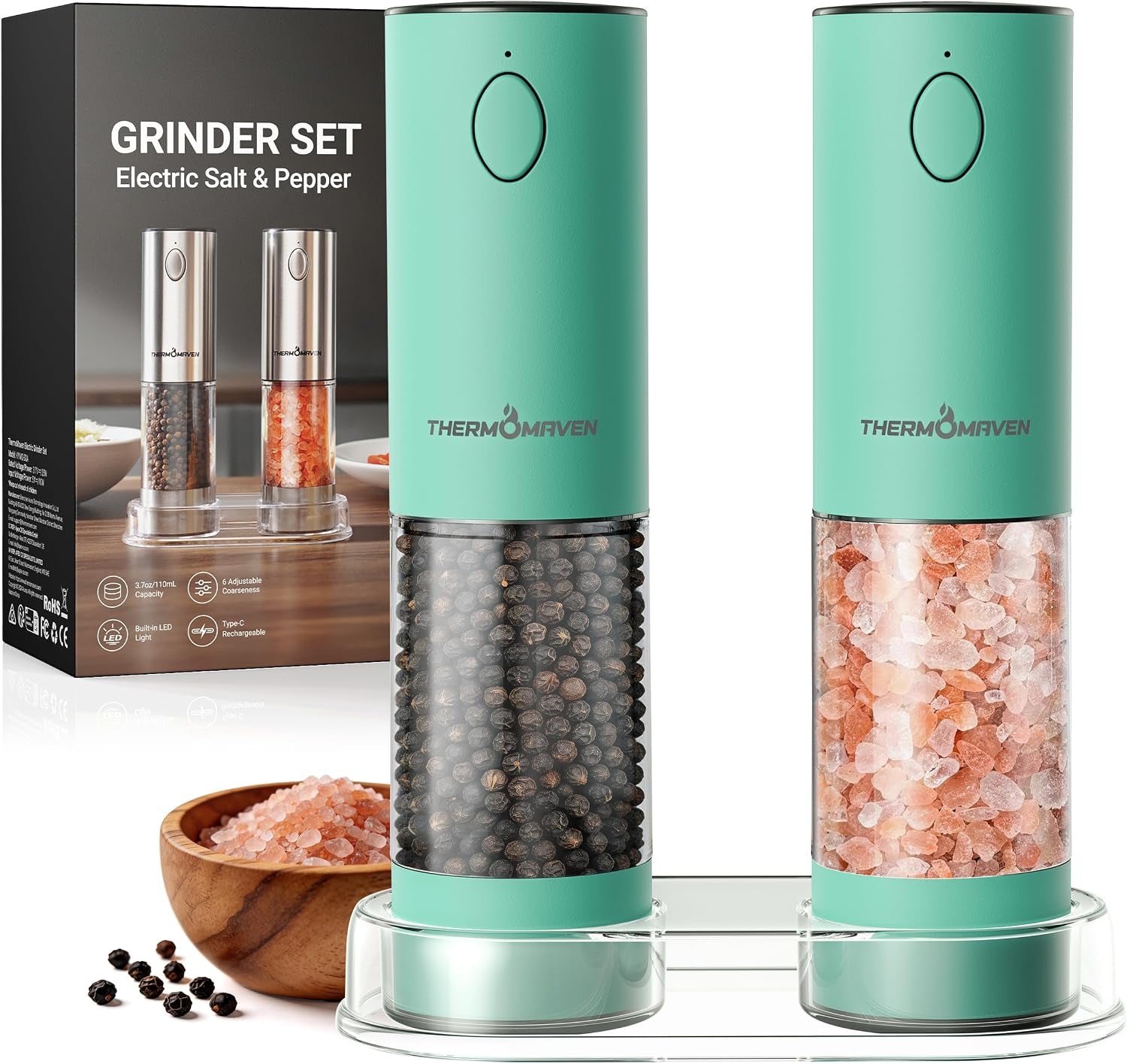 electric-salt-and-pepper-grinder-set-110ml-larger-rechargeable-automatic-salt-and-pepper-mill-grinder-with-6-adjustable-coarseness-electric-salt-and-pepper-shakers-led-mint-green