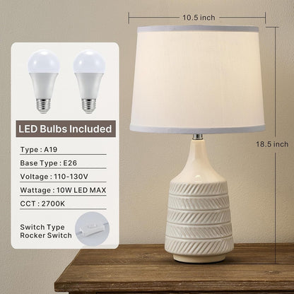 White Ceramic Table Lamps Set of 2, 18.5" Modern Bedside Lamps for Night Stands, Decor Classic Small Lamps for Living Room End Tables, Farmhouse Boho Lamp for Bedroom Office, LED Bulbs Included2