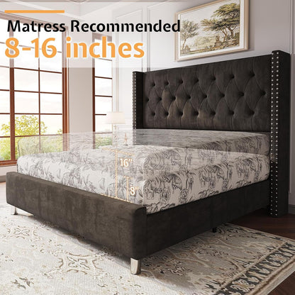 Queen Velvet Bed Frame with 49.2" Tall Wingback Headboard, Black7