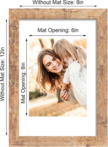 8X12 Picture Frame Set of 2, Rustic Brown Wood Frame with High Definition Glass, Display Pictures 6X8 with Mat or 8 X 12 without Mat for Horizontal or Vertical Tabletop and Wall Mounting4