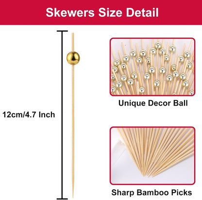 200 PCS Cocktail Picks, Fancy Toothpicks for Appetizers Bamboo Tooth Picks | Mini Gold Ball Food Sticks 4.7 Inch, Natural Wooden Decorative Skewers for Drinks Party Fruit Kebab Burger Charcuterie Board2