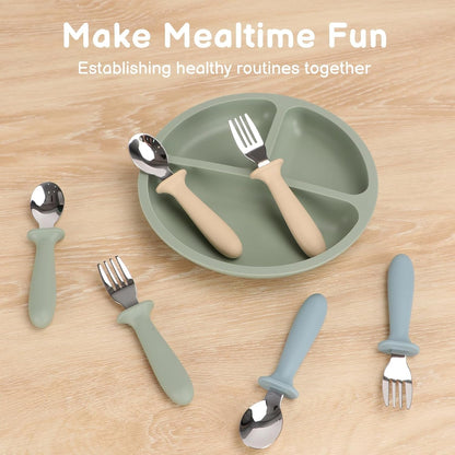 Toddler Utensils, 6 Pack Children Safe Forks and Spoons Set | Kids Silverware Set with Silicone Handle, 18/8 Stainless Steel, BPA Free, Dishwasher Safe6