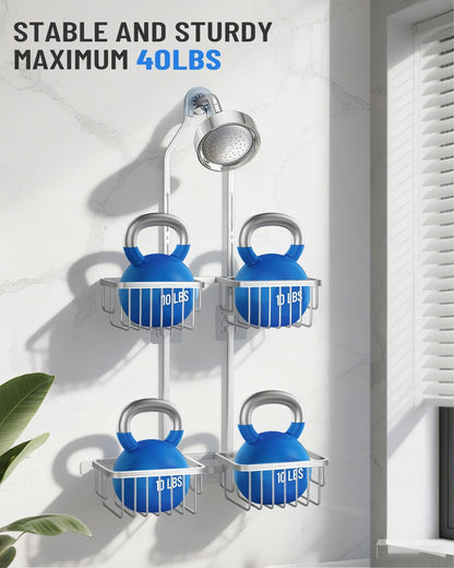 Adjustable Shower Caddy Hanging for Handheld Showerheads - Never Rust Shower Hanging Organizer, Upgraded Bathroom Shower Rack with Soap Basket, Hooks and Toothbrush Holder (Silver)7