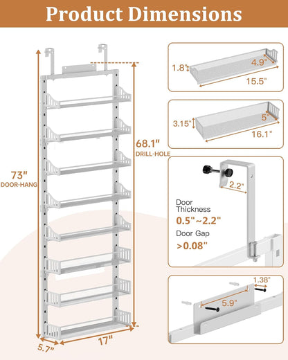 over the Door Pantry Organizer 8-Tier, Large Metal Door Spice Rack with Adjustable Basket, 2 in 1 Wall Mount or Hanging Heavy-Duty Pantry Door Storage Shelf for Kitchen and Bathroom, White7