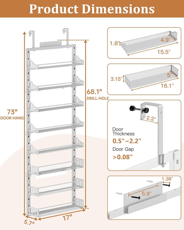 over the Door Pantry Organizer 8-Tier, Large Metal Door Spice Rack with Adjustable Basket, 2 in 1 Wall Mount or Hanging Heavy-Duty Pantry Door Storage Shelf for Kitchen and Bathroom, White7