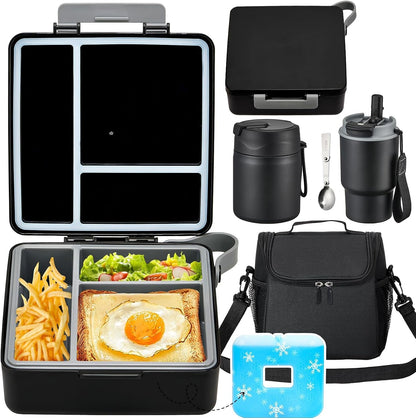 Lunch Box Set with Bento Box Container, 17OZ Stainless Steel Food Soup Thermo, Kids Water Bottle & Portable Insulated Lunch Bag – Leakproof, Hot/Cold Retention for School, Travel (Black)1
