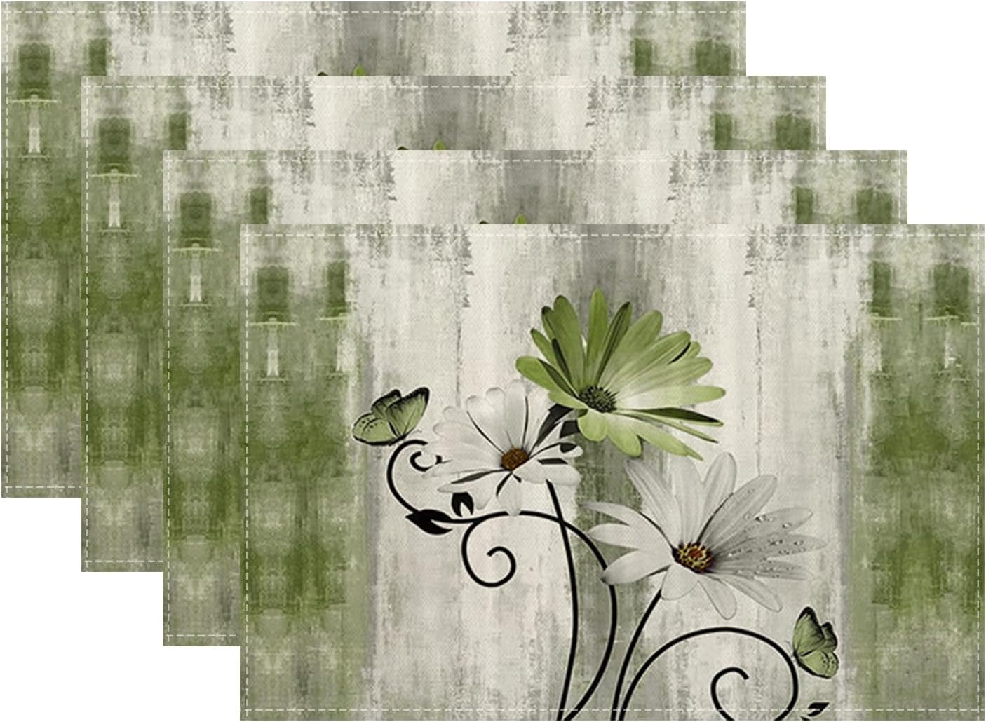 floral-place-mats-set-of-4-12x18-inches-rustic-sage-green-daisy-flower-decorative-placemats-rectangle-floral-linen-table-mats-for-party-home-kitchen-dining-table-decoration