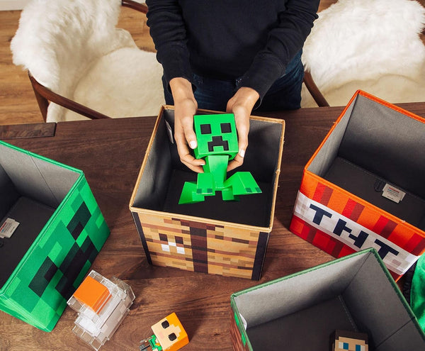 Minecraft 10-Inch Storage Set of 4 Bins | Includes Creeper, TNT, Grass, Crafting Table | Fabric Basket Container, Cubby Closet Organizer, Home Decor for Playroom | Video Game Gifts and Collectibles3