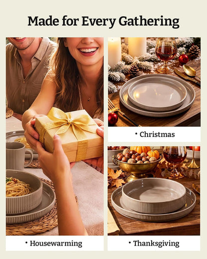 Ceramic Plates and Bowls Set, Dinnerware Sets, Ribbed Dishes for 47