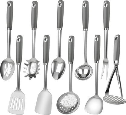 10 Piece Stainless Steel Cooking Utensils Set - 18/0 Heavy Duty Kitchen Tools for Grilling & Serving (Grey)1