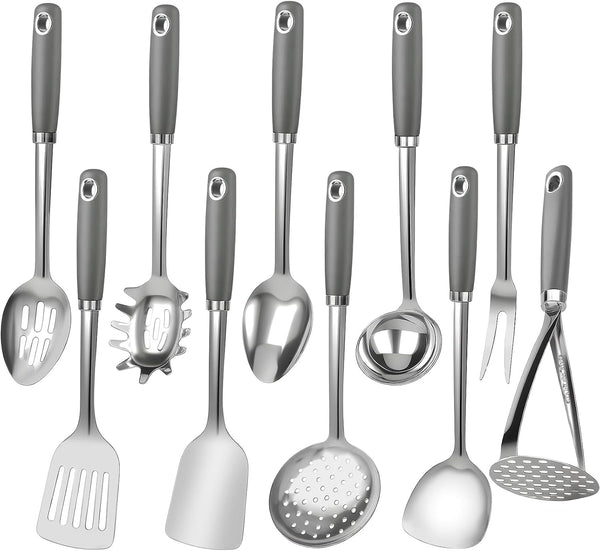 10 Piece Stainless Steel Cooking Utensils Set - 18/0 Heavy Duty Kitchen Tools for Grilling & Serving (Grey)1