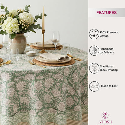 Jade 100% Cotton Boho round Tablecloth, Block Print Floral Table Cloth Linen for Dining, Parties, Weddings, Outdoors I Table Decor 72" Inches Diameter I2