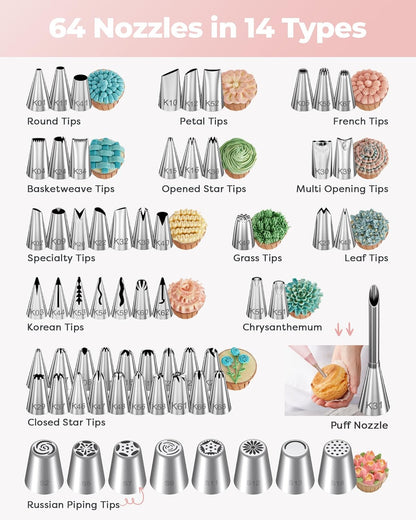 158 Cake Decorating Kit Baking Supplies Tools for Beginners & Pros | Cake Stand Turntable, Icing Piping Tips, Disposable Reusable Pastry Bag, Spatulas, Video Tutorial, Pattern Chart3