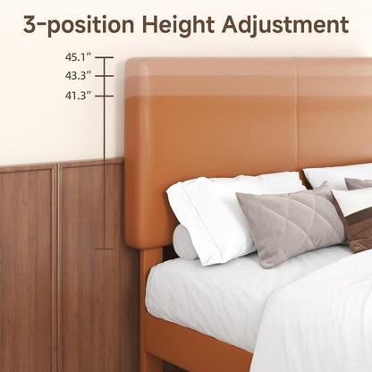 Queen Upholstered Platform Bed Frame with Headboard, Faux Leather Modern Bed Frame with Wood Slat Support, No Box Spring Needed, Easy Assembly, Orange-Brown3
