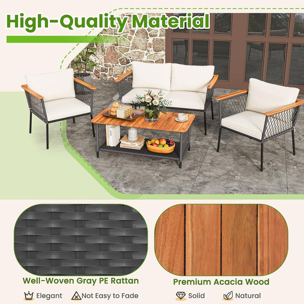 4 Piece Patio Furniture Set, Patiojoy Rattan Chair Set W/ 2-Tier Coffee Table, Acacia Wood Armrests & Tabletop, Soft Seat & Back Cushions, Outdoor Wicker Conversation Set6