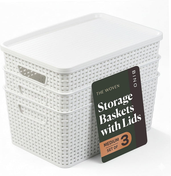 | Plastic Storage Baskets with Lids, 15.5 Liter - 3 Pack, White | the WOVEN COLLECTION | Storage Basket for Shelves Woven Storage Baskets for Organizing Bins Pantry Shelf Organizer Container Bin1