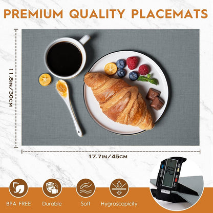 Placemats Set of 6 Linen Type Fabric Cloth Placemats, 18X12 Inch Double Layered Thick Wrinkle Free Heat Resistant Table Place, for Dining, Kitchen, Party (45 * 30Cm, Gray)3