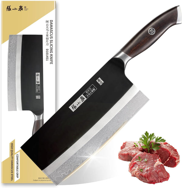 ZHANG XIAO QUAN Professional Meat Cleaver Knife Damascus Steel, Heavy Duty Kitchen Knife with Ultra Sharp Blade, Comfortable Ergonomic Wooden Handle(Black)1