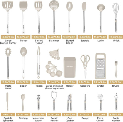 Kitchen Utensil Set-Silicone Cooking Utensils-33 Kitchen Gadgets & Spoons for Nonstick Cookware-Silicone and Stainless Steel Spatula Set-Best Kitchen Tools, Useful Pots (Khaki)2