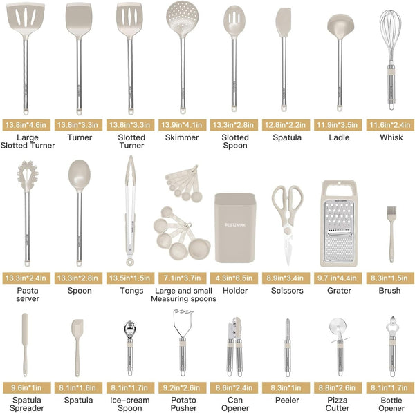 Kitchen Utensil Set-Silicone Cooking Utensils-33 Kitchen Gadgets & Spoons for Nonstick Cookware-Silicone and Stainless Steel Spatula Set-Best Kitchen Tools, Useful Pots (Khaki)2