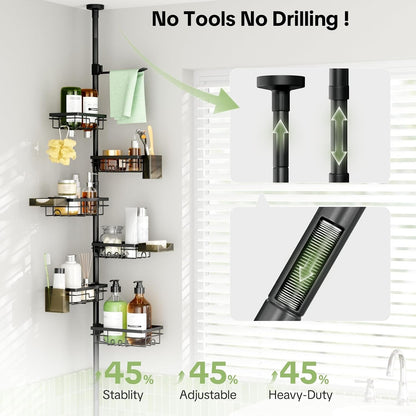 Shower Tension Rod Organizer, 6 Tier Rustproof Corner Shower Caddy Tension Pole with Soap Holder & Hooks, Adjustable 30-121 Inch Bathroom Shelf for Renters - Family Stand Storage Rack, Black4