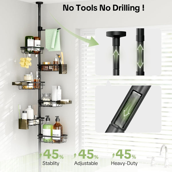 Shower Tension Rod Organizer, 6 Tier Rustproof Corner Shower Caddy Tension Pole with Soap Holder & Hooks, Adjustable 30-121 Inch Bathroom Shelf for Renters - Family Stand Storage Rack, Black4