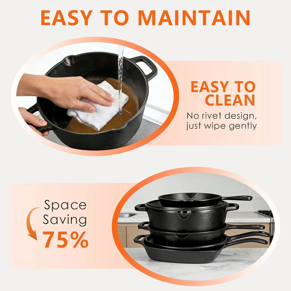 6 Piece Pre-Seasoned Cast Iron Cookware Set – Incl. 5QT Dutch Oven with Lid, 8'' and 10.25'' Cast Iron Skillets, 10.5'' round Griddle, and a Square Grill Pan for Kitchen, Stovetop, & Camping8