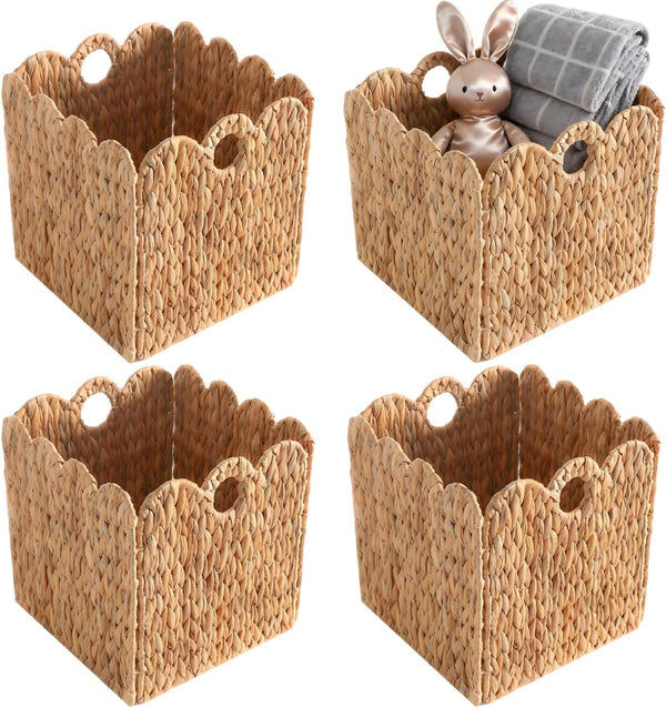 Scalloped Wicker Storage Cubes Basket, 12”X12“ Heavy Duty Paper Rope/Hyacinth/Seagrass Baskets for Shelves, Foldable Natural Boho Square Bins (Water Hyacinth&10.5 X 10.5 X 10.5In&4-Pack)1