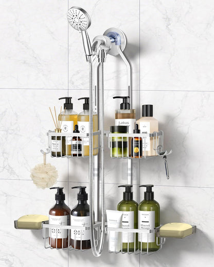 Adjustable Shower Caddy Hanging - Never Rust Shower Organizer Hanging, Aluminum Shower Racks for inside Shower - Bathroom Organizers and Storage with 2 Soap Holders and 2 Removable Hooks, Silver1