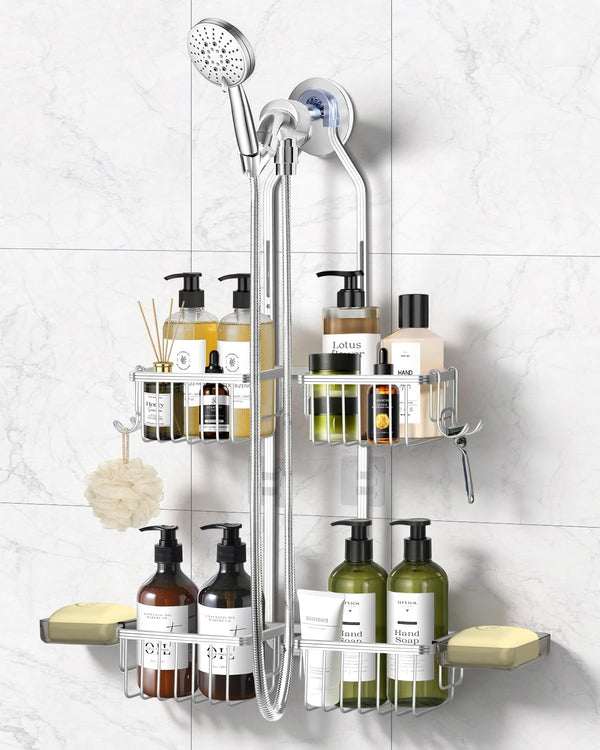 Adjustable Shower Caddy Hanging - Never Rust Shower Organizer Hanging, Aluminum Shower Racks for inside Shower - Bathroom Organizers and Storage with 2 Soap Holders and 2 Removable Hooks, Silver1