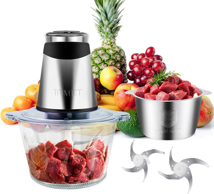 500W Meat Grinder 2×8-Cup Bowls 2 Blades Food Chopper | Glass+Stainless Bowl, Stainless Steel Blades for Meat/Veggies/Nuts. Easy to Clean, Ideal for Daily Kitchen Prep.1