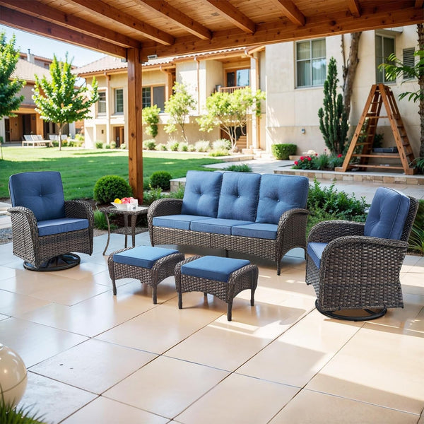 6 Piece Patio Conversation Sets - Wicker Patio Furniture Sets with Outdoor Swivel Rocker Chairs Outdoor Couch Perfect for Patio Deck Backyard, Brown Wicker Blue Cushion1