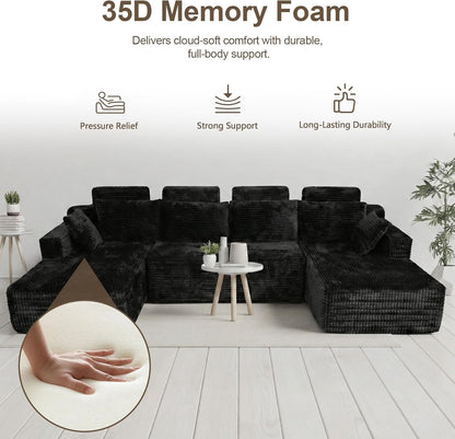 Boneless Couches for Living Room 134" U-Shape Oversized with Chaise, Modern Modular Sectional Comfy Floor U-Shape Cloud Couch, Deep Seat, No Assembly Required (Black)3