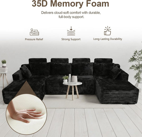 Boneless Couches for Living Room 134" U-Shape Oversized with Chaise, Modern Modular Sectional Comfy Floor U-Shape Cloud Couch, Deep Seat, No Assembly Required (Black)3