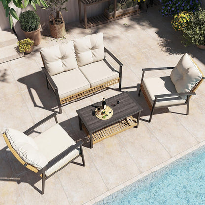 4-Piece Patio Conversation Set, Comfortable Oversized Outdoor Furniture Set with Soft Cushion and Storage Metal Coffee Table for Backyard, Porch, Garden and Poolside, Beige1