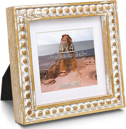 Square 4X4 Rustic Picture Frame, Decorative Distressed Beaded Detailing, Natural Pine Wood with Real Glass, Matted to 3X3 Photo, Gallery Wall and Tabletop Display, Natural1