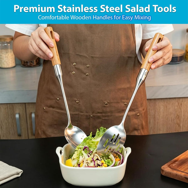 Stainless Steel Cooking Utensils Set with Wooden Handle, 7 Pcs Long Kitchen Utensil Set Stainless Steel, Heat Resistant Metal Spatula Set for Cooking with Turners, Skimmer, Ladle, Pasta Fork4