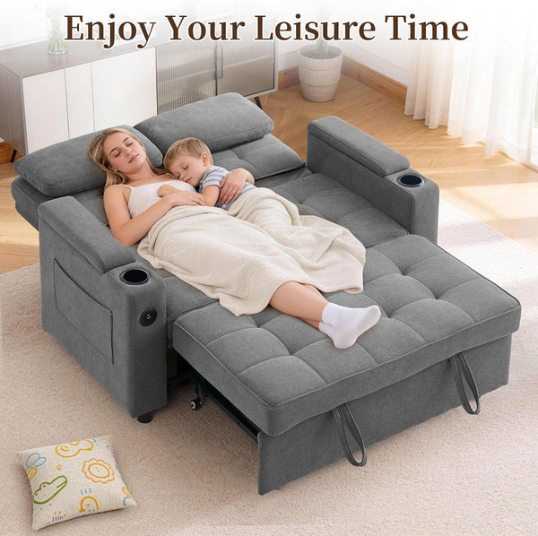 55.5'' 3-In-1 Convertible Sofa Bed, Pull Out Couch with 5-Position Adjustable Backrest, Loveseat Sleeper Sofa for Small Spaces, Sofa Couch with Cup Holders for Living Room, Office, Chenille8